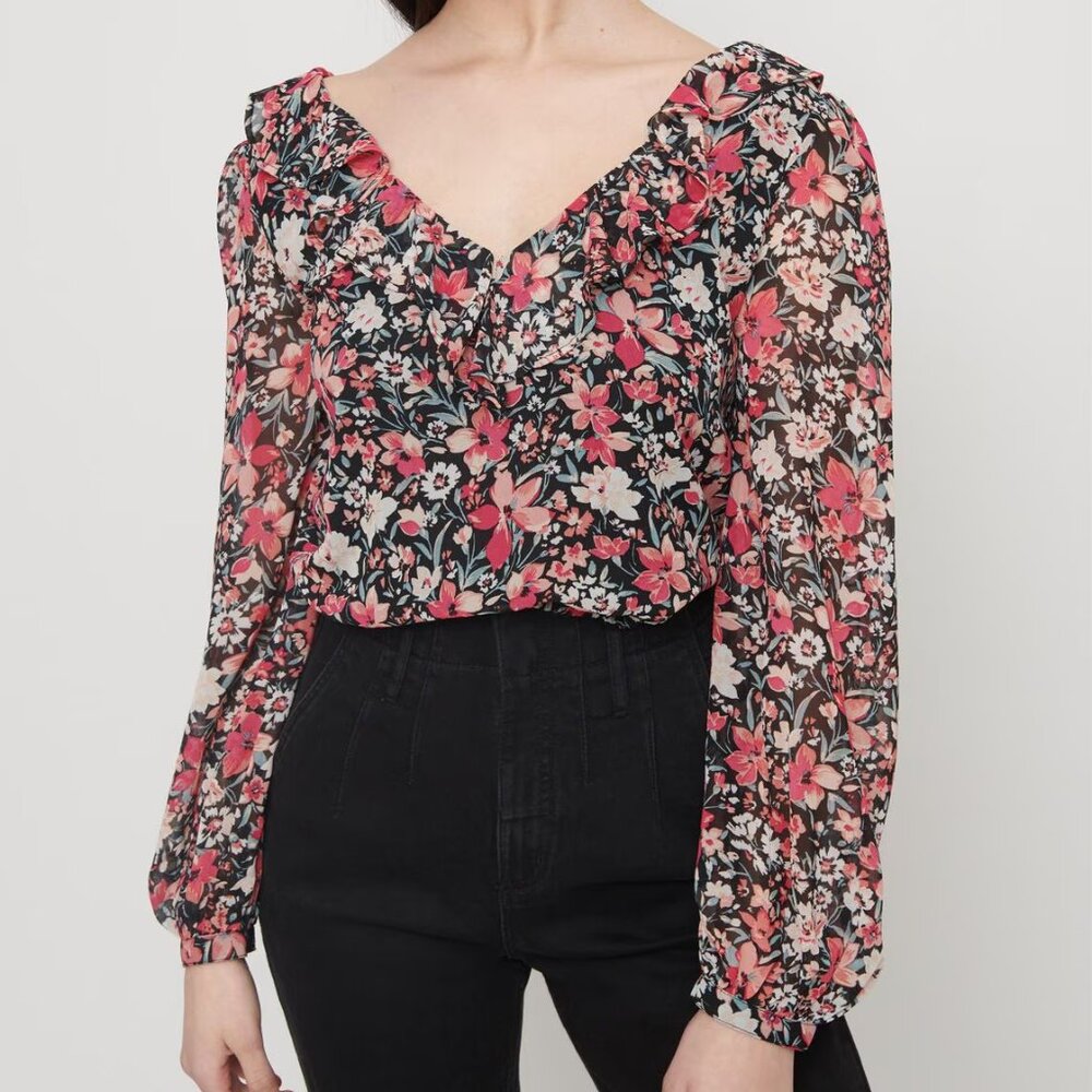 Dynamite Ruffle Lace-Up Back Floral Top size S Long Sleeve Cropped V-neck NWT